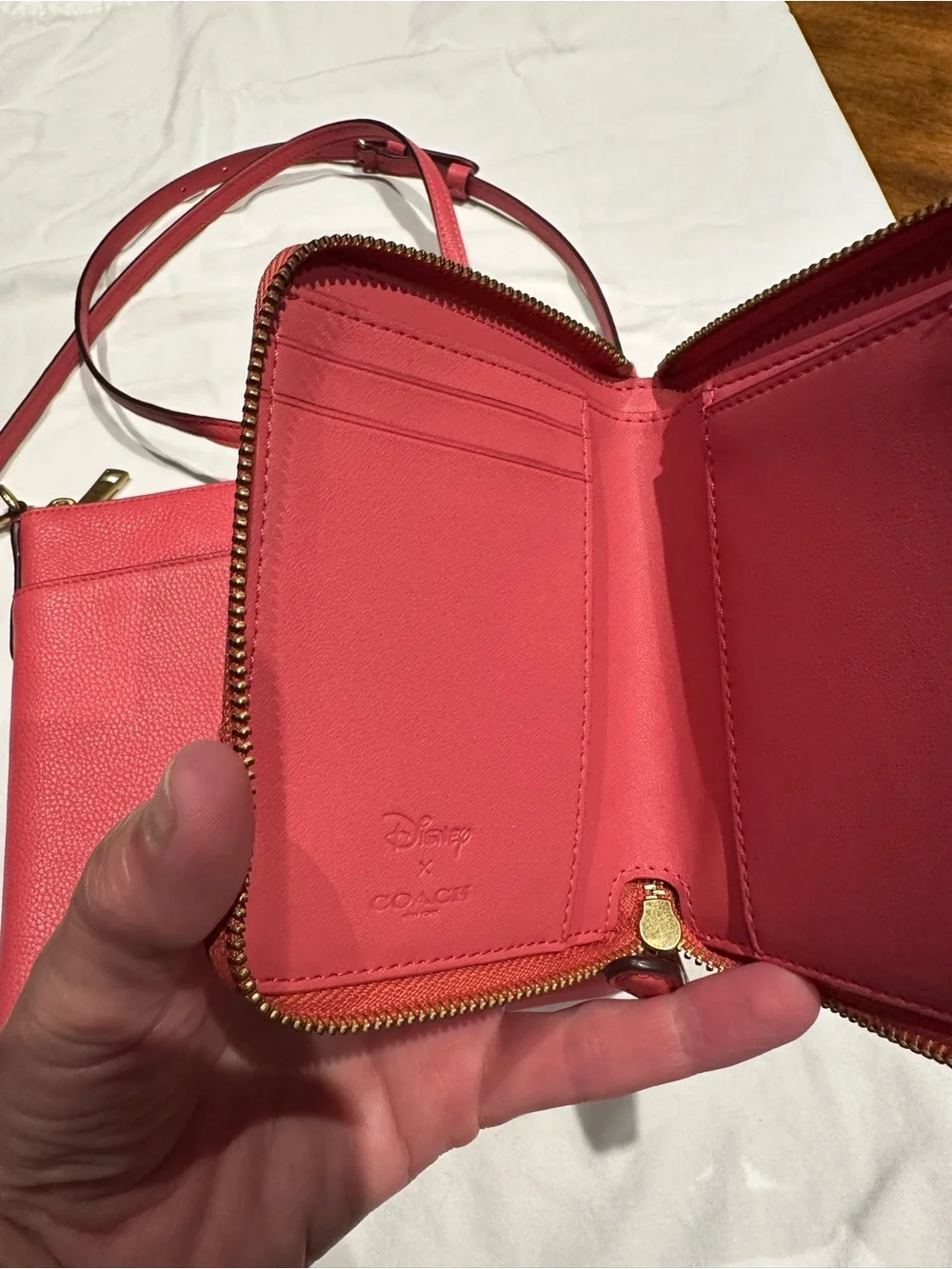 Coach Pink Mickey and Minnie  Leather Crossbody Bag and matching wallet.  New.